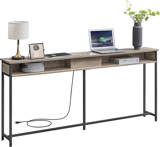 VASAGLE 70.9-Inch Console Table with Outlet and Shelves, Sofa Table with Charging Station, Behind Couch Table Skinny, Entryway Table for Hallway, Living Room, Heather Greige and Ink Black ULNT118B02