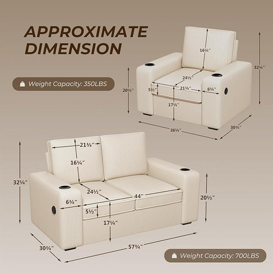 Furnimart 3-Seater Living Room Set Corduroy, 58" Wide Loveseat & Accent Chair with USB Chargers, Cup Holders & High-Density Foam, Modern Sofa & Armchair Set for Apartment, Living Room(2 Colors)