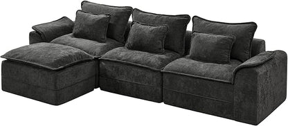 Hobestluk 120" Cloud Modular Sectional Couch 3-Seater Sofa with Ottoman L Shaped Sofa with Removable Cover Large Sofa Couch for Living Room (Dark Grey, 3-Seater Sofa with One Ottoman)
