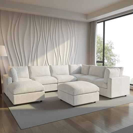 Modular Sectional Sofa with Ottoman,134inch U Shaped Convertible Cloud Couch,8 Seater Convertible V Shaped Living Room Sets,Cover Washable and Replaceable Couches for Living Room,Beige