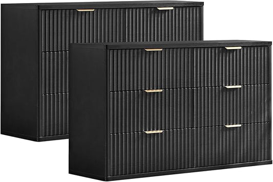 LEYAOYAO Fluted 6 Drawers Dresser Set of 2, 48" Wide Modern Chest of Drawers with Woodgrain Top, Curved Profile Design, Dresser TV Stand, Wooden Drawer Organizer for Bedroom, Living Room,Black