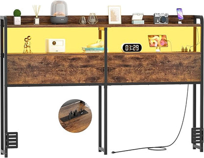 Aheaplus Headboard for Queen Size Bed Frame, Headboards with Outlets, USB Ports and LED Light, Head Board with Storage, Height Adjustable, Sturdy and Stable Headboard, Queen Size, Rustic Brown