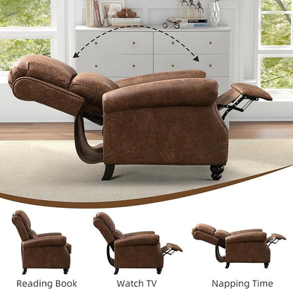 Push Back Recliner Chair Faux Leather Lounge Armchair with Rivet Decoration Wingback Single Sofa Chair with Padded Seat Solid Wood Legs for Living Room, Chocolate
