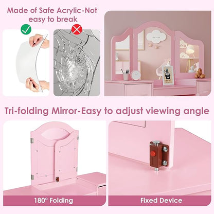 Arlopu Kids Vanity Set, 2 in 1 Toddler Makeup Dressing Table and Chair Set w/Detachable Tri-fold Mirror, Open Shelves, Princess Wooden Pretend Play Desk Furniture Toy for Little Girl (Pink)