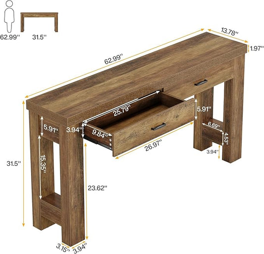 Tribesigns 63" Console Table with 2 Drawers, Farmhouse Entryway Table with H-Shaped Sturdy Legs for Hallway, Living Room, Brown