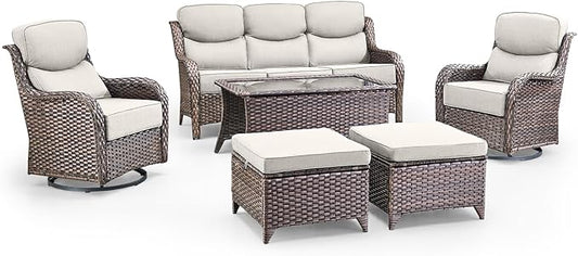 Swivel Patio Chairs Sofa Set of 6 with 6" Thick Cushion - Wicker Outdoor Swivel Rocker Patio Chair,Sofa/Glass Coffee Table, High Back Comfortable Outdoor Glider Chairs - Brown Wicker | Beige Cushions