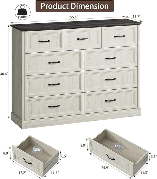 CARPETNAL Farmhouse 9 Drawer Dresser for Bedroom, 55 Inch Wide Modern White Dresser TV Stand with Large Drawers & Bar Handles, Rustic Wood Chest of Drawers for Bedroom, Living Room, Hallway, Entryway.