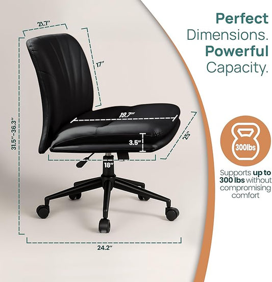 NYPOT Armless Desk Chair with Wheels for Criss Cross Sitting - Cross Legged Wide Armless Chair - Adjustable Vanity 360° Swivel Stool and 120° Rocking Wide Seat Comfy for Home and Office, Color Black