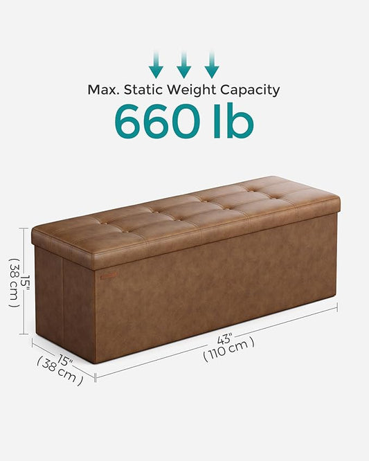 SONGMICS Mazie Collection - 43 Inches Folding Storage Ottoman Bench, Ottoman with Storage, Foot Rest Stool, Load 660 lb, Living Room, Bedroom, Entryway, Synthetic Leather, Coffee Brown ULSF070K01