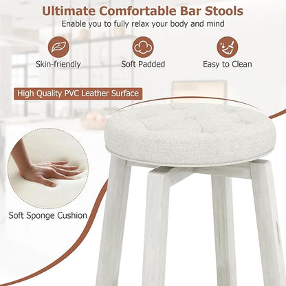 COSTWAY 360° Swivel Bar Stools Set of 2, 30-inch Height Vintage Upholstered Rubberwood Backless Bar Chairs with Footrest, Retro Kitchen Counter Stools for Kitchen Island Dining Room Home Bar, White