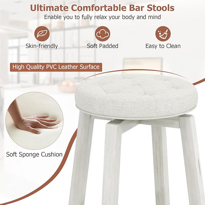COSTWAY 360° Swivel Bar Stools Set of 4, 30-inch Height Vintage Upholstered Rubberwood Backless Bar Chairs with Footrest, Retro Kitchen Counter Stools for Kitchen Island Dining Room Home Bar, White