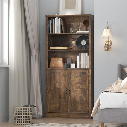72'' Tall Bookcase with Doors, Adjustable Shelves, P2 MDF Construction, 32'' Wide Freestanding Cabinet with Metal Handles, Hidden Storage for Living Room, Bedroom, Brown