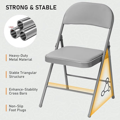 SEALAMB 10 Pack Grey Folding Chairs with Padded Seats & Cushion, Durable Metal Foldable Chairs for Wedding Party, Commercial Chairs for Office School Church Events, 330lb Capacity (Grey-PU, 10 Pack)