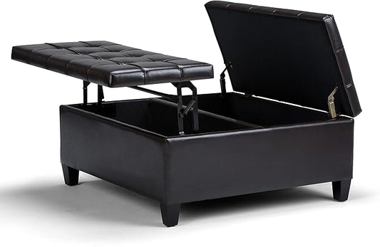 SIMPLIHOME Harrison 36 inch Wide Transitional Square Coffee Table Storage Ottoman in Tanners Brown Vegan Faux Leather, Assembled, For the Living Room and Bedroom