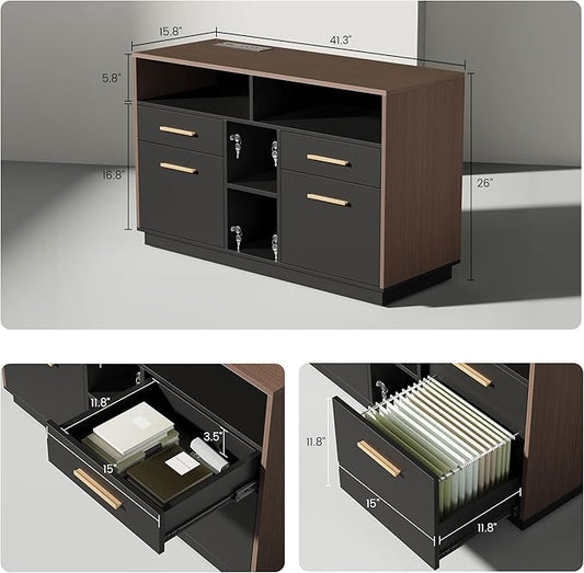 71" Standing Desk with 2 File Cabinet, AC/USB, 1.18" Desktop, L Shaped Height Adjustable Desk, Electric Furniture Set with Multiple Functions for Home and Office, Black Walnut