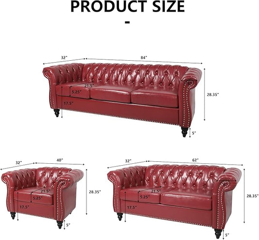 Home Sofa Living Room Furniture, 3 Seater Leather Upholstered Sofa Couch, Modern Comfy Couch with Faux Leather Cushions, Mid Century Tufted Chesterfield Sofas for Bedroom, Office, Apartment (Wine Red)