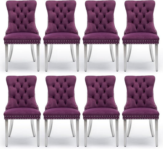 Velvet Upholstered Dining Chairs Set of 8, Modern Kitchen Side Chairs with Nailhead Trim and Silver Plated Leg, Metal Pulling Ring for Dining Room Living Room(Purple-Silver Plated Leg)