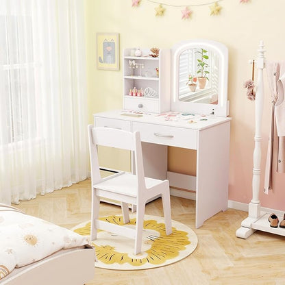 HONEY JOY Kids Vanity, Little Girls Vanity Set with Mirror and Stool and Lights, Wooden Princess Makeup Dressing Table, Storage Box & Shelf, Pretend Play Kids Vanity Table and Chair Set(White)