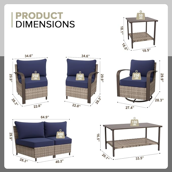 COOS BAY Aurora Terrace Half-Moon Outdoor Furniture Set, Rattan Conversation Set with Swivel Rockers, Curved 4-Seat Sofa, Coffee Table & Side Table, Seats 6, Beige/Blue