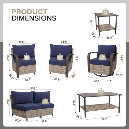 COOS BAY Aurora Terrace Half-Moon Outdoor Furniture Set, Rattan Conversation Set with Swivel Rockers, Curved 4-Seat Sofa, Coffee Table & Side Table, Seats 6, Beige/Blue