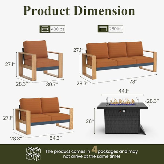 LayinSun 5 Pieces Aluminum Patio Furniture Set with Fire Pit Table, Oversized Seat with Hight Back, Outdoor Conversation Sets for Porch, Balcony, Deck