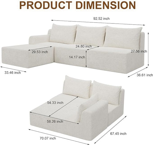 JSLOVE Modular L-Shape Sectional Sofa with Chaise, 3 Seat Movable Boneless Cloud Couch in One Box, Sofa Couch Bed with Ultra-Soft Corduroy Fabric, No Assembly Required for Living Room, Bedroom(Beige)