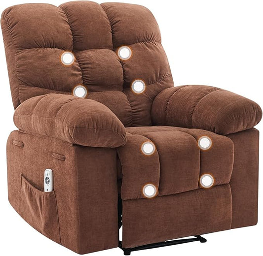 Recliner Rocking Chair with Massage and Heat, Wide Overstuffed Ergonomic Fabric Recliner with Breathable Upholstery, 2 Side Pockets & Remote Control for Living Room or Bedroom