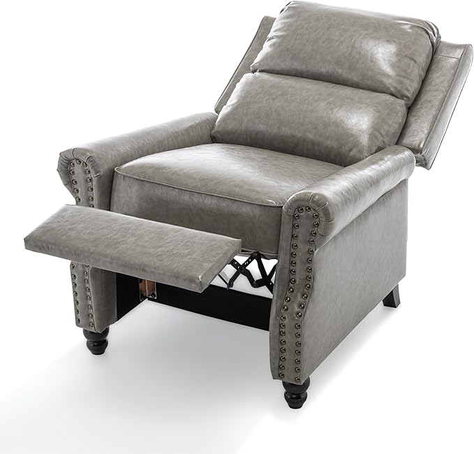 Pushback Recliner Chairs Set of 2, Faux Leather Wingback Recliner Chair, Upholstered Armchair Push Back Recliner with Wood Legs, Rivet Trim Single Sofa Accent Chair for Living Room, Bedroom, Gray