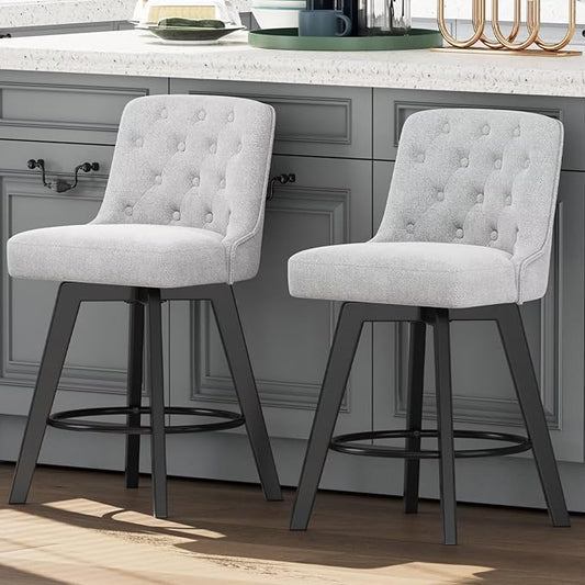 MINCETA Bar Stools Set of 2, 26 Inch Upholstered Barstools with Low Tufted Back and Footrest, Swivel Counter Height Barstools for Kitchen Island Home Bar Performance Fabric Greige