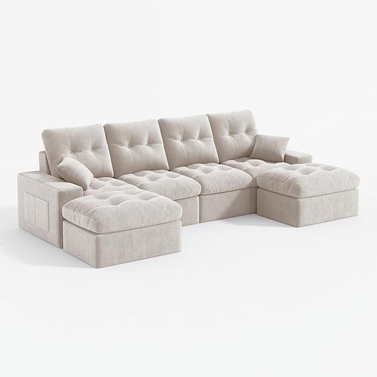 High Back Boneless Couch, U Shaped Cloud Couch with Versatile 2-Pack Pillow Blankets, Corduroy Modular Sectional Sofa with Ottoman, No Assemble Sectional Couches for Living Room, Warm White