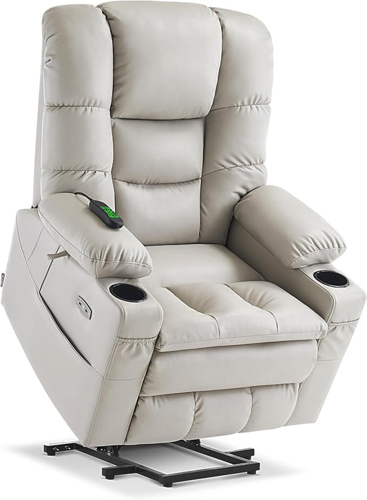 MCombo Large Triple Motor Power Lift Recliner Chair with Massage and Dual Heating, Adjustable Headrest for Tall Elderly People, Faux Leather 7634 (Light Grey, Large)