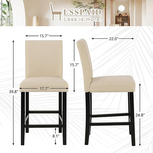 LSSPAID Bar Stools Set of 2, 24.8 Inch Upholstered Fabric Counter Height Stools, Modern Kitchen Island Wood Bar Chairs Barstools with Backrest and Solid Wood Legs, Beige