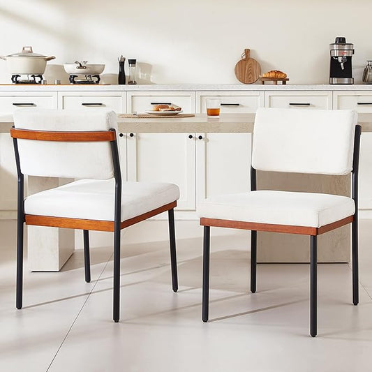 Modern Dining Chairs Set of 2,Kitchen Chairs with Thick Cushions and Adjustable Foot Pads, Upholstered Fabric Dining Room Chairs with Sturdy Metal Legs,White