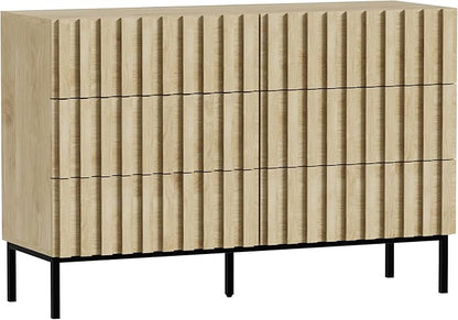 UEV Fluted Dresser for Bedroom with 6 Drawers, 47" Wide Large Chest of Drawers with Metal Stand, Mid-Century Wooden Dresser TV Stand, Closet Storage Organizer for Living Room, Hallway (Ivory White)
