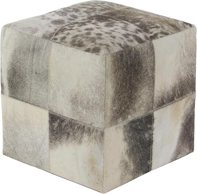 Deco 79 Leather Handmade Living Room Stool Cowhide Patchwork Ottoman, Foot Stool 16" x 16" x 16", Gray