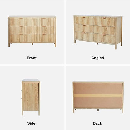 Fluted 6 Drawer Double Dresser for Bedroom, 47" Wide Modern Closet Dressers Chest of Drawers, Wood Storage Dresser Organizer for Nursery Bedroom Living Room Hallway Closet,Natural
