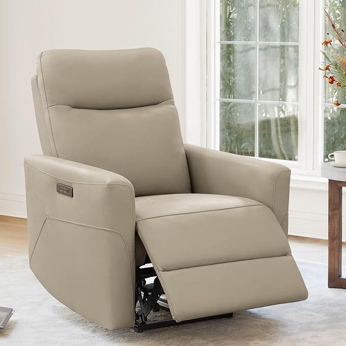 CHITA Genuine Leather Power Recliner Chair for Adults, Electric Wall Hugger Recliner for Small Spaces, Modern Living Room and RV Recliner Chair with Power Headrest & Charging Ports, Latte Tan