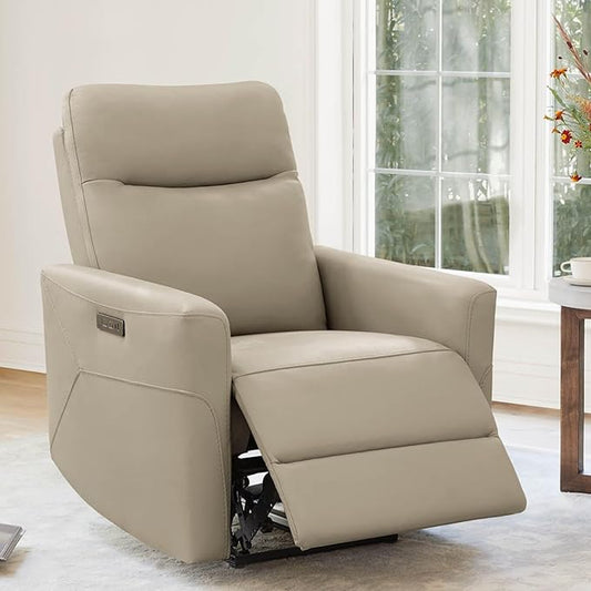 CHITA Genuine Leather Power Recliner Chair for Adults, Electric Wall Hugger Recliner for Small Spaces, Modern Living Room and RV Recliner Chair with Power Headrest & Charging Ports, Latte Tan
