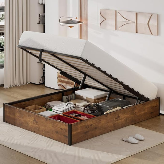 Lift Up Storage Bed Frame, Full Size Wooden Platform Bed with Large Storage Underneath, No Box Spring Needed, Noise Free, Rustic Brown