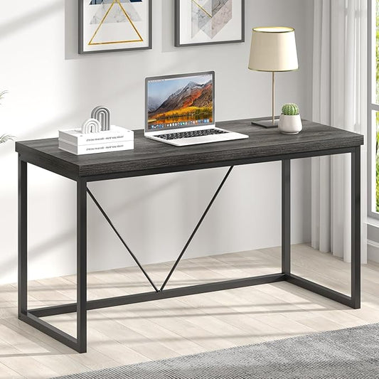 FOLUBAN Home Office Desk, Industrial Vintage Computer Desk, Rustic Wood and Metal Study Writing Table, Simple Work Gaming PC Desks for Bedroom Living Room, Dark Gray 53 Inch
