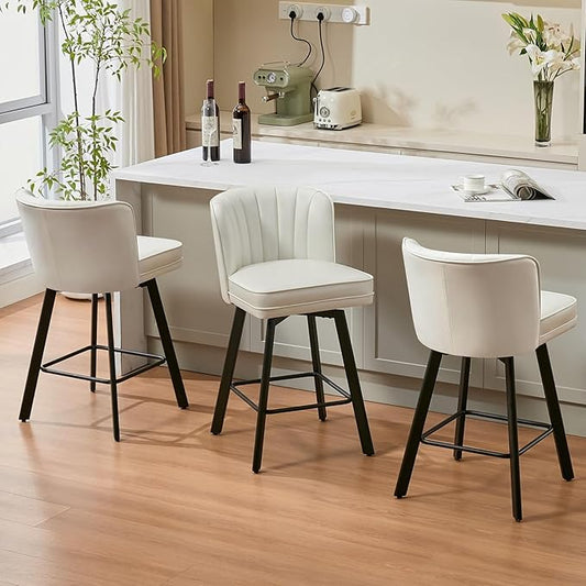 Swivel Counter Height Bar Stools Set of 3, 26'' Modern Barstools with Backs and Metal Legs, Upholstered Bar Chairs, Faux Leather White Stools for Kitchen Island Chairs