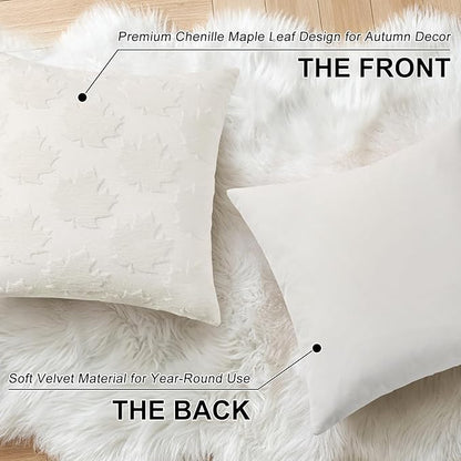 decorUhome Decorative Cream White Maple Leaf Thanksgiving Throw Pillow Covers 18x18 Set of 2, Soft Chenille Jacquard Farmhouse Textured Pillow Covers for Couch Sofa Autumn Harvest Halloween Holiday