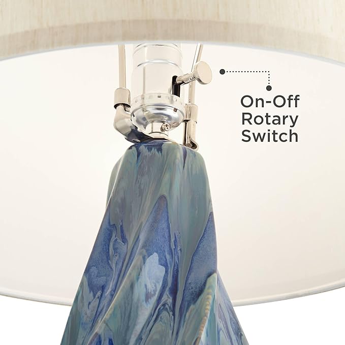 Possini Euro Design Teresa Modern Coastal Table Lamp 31" Tall with Round Black Marble Riser Teal Ceramic Beige Drum Shade for Bedroom Living Room Nightstand Bedside Night Stand Office Kids Room