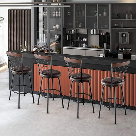 COSTWAY Bar Stools for Kitchen Island, 24/30 Inch Adjustable Seat Height Swivel Barstools Set of 4, Cushioned Seat & Cozy Backrest, Extra Leg Tubes for Height Adjustment, for Kitchen, Bar (4)