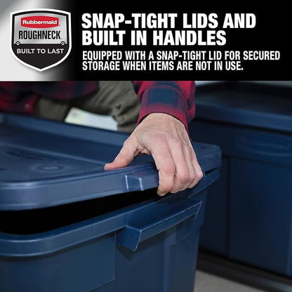 Rubbermaid Roughneck Tote 31 Gal, 3 Pack, Made in USA, Dark Indigo Metallic, Rugged Plastic Stackable Storage Bins with Lids and Handles
