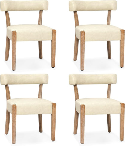 Modern Dining Chairs Set of 4, Faux Leather Upholstered Kitchen & Dining Room Chairs, Mid Century Modern Wooden Dining Chairs Oversized Sturdy Rounded Chairs Curved Back, Beige