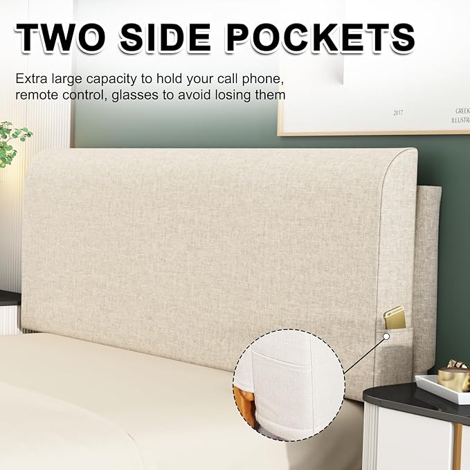Upholstered King Headboard, No Tools Needed, Wall Mounted Headboard with Removeable Washable Linen, Multi-Functional Backrest (Beige)