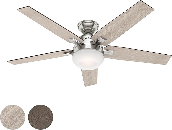 Hunter Fan 52 inch Contemporary Brushed Nickel Indoor Ceiling Fan with Light and Remote Control for Bedroom, Living Room/Family Room, Dining Room, Kitchen, Office (Renewed)