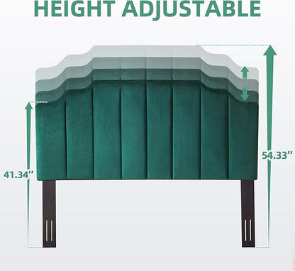 Velvet Upholstered Headboard Queen, Tufted Headboard, Elegantly Curved Queen headboard only,Soft Padded headboards, Modern Vertical Channel Design Head Board, Dark Green