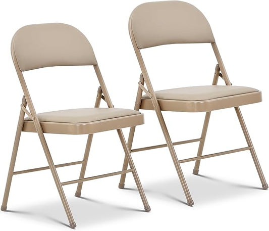 Oline Vinyl Folding Chairs, Padded Vinyl Cushion Chairs with Durable Metal Frame, Indoor Outdoor Stackable Foldable Guest Chairs for Office Wedding Kitchen Dining, 300lb Capacity (Khaki, 2 Pack)